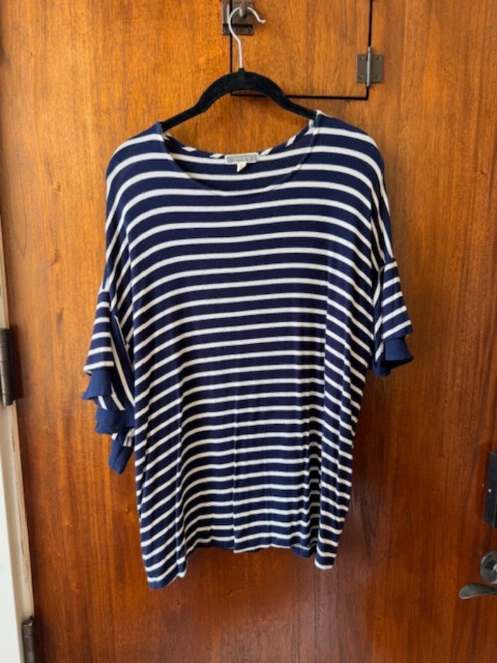 Navy Blue and White Striped Shirt with fun ruffle sleeves